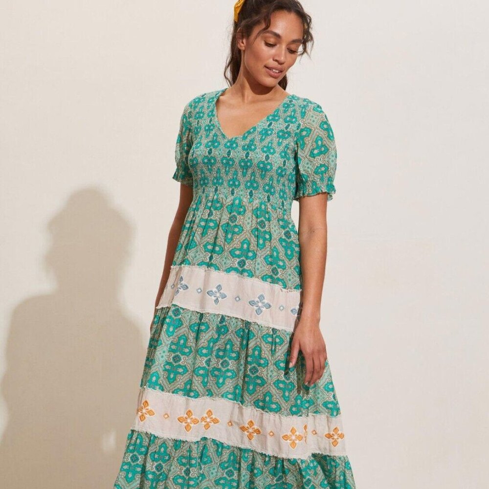 Odd Molly Anthropologie Day Printed Midi Dress Embroidered Smocked XS-0 255612